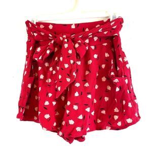 Billabong Women's Red Floral High Waist Paperbag Short Size small Tie Waist Bow